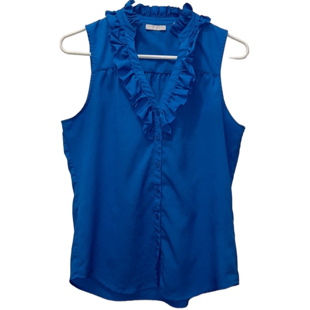 •NEW YORK & COMPANY•BLUE RUFFLE BUTTON DOWN TANK TOP BLOUSE SIZE SMALL. EUC